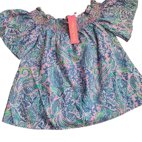 Lilly Pulitzer Linen Top Womens Large Leanne Off the Shoulder Lilac Rose We Merm - Picture 3 of 7